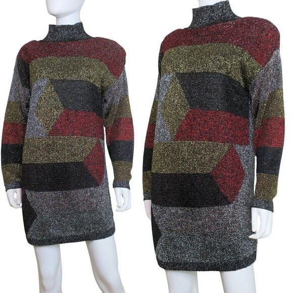 Beldoch Popper Abstract Metallic Mini Sweater Dress 90s Y2K Women's Medium - Picture 1 of 5